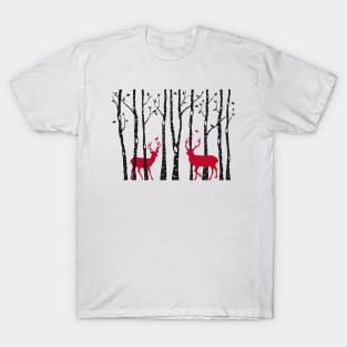 Christmas card, red deer in birch tree forest T-Shirt